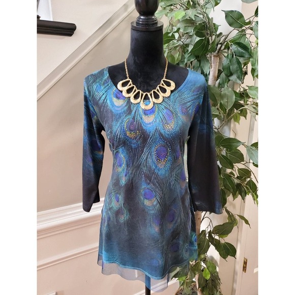 Indigo Soul Women's Multicolor Peacock Round Neck Long Sleeve Top Blouse Small - Picture 12 of 12